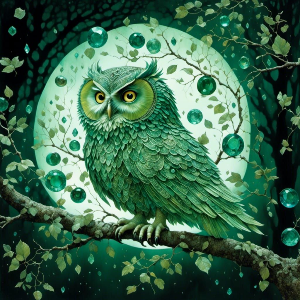 Magical Green Owl in Enchanting Aurora