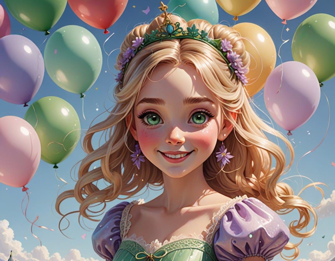 Girl with Balloons Floating in a Pastel Sky