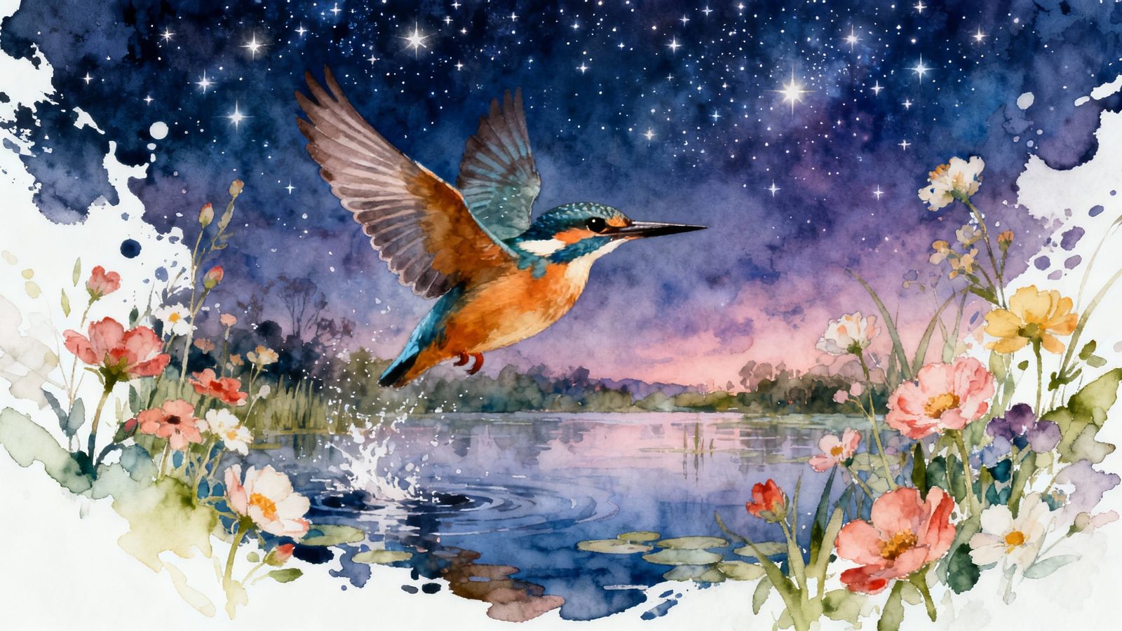 Kingfisher in Flight Over Spring Lake Under Starry Twilight ...