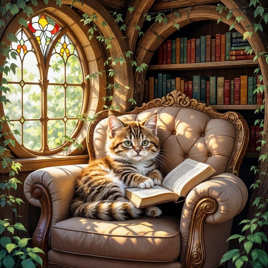 Cozy Kitten Reading in Treehouse Watercolor