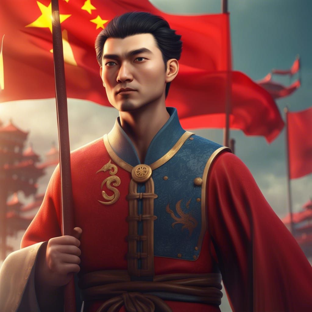 Handsome 3D Chinese Man with China Flag