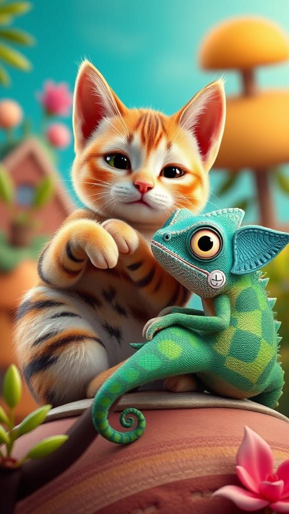 Adorable Cat and Chameleon Play in Whimsical 3D Art