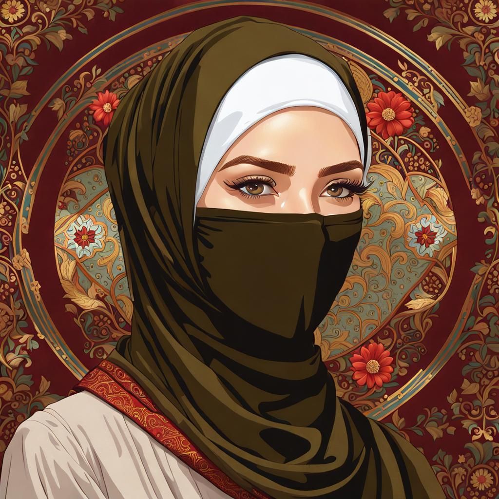European Woman in Hijab and Mask, Art Nouveau Style