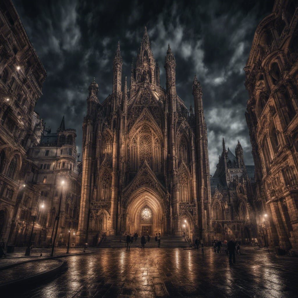 Gothic Building at Night in Hyperrealistic Style