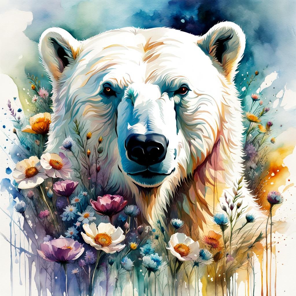 Polar Bear in Spring Watercolor Illustration