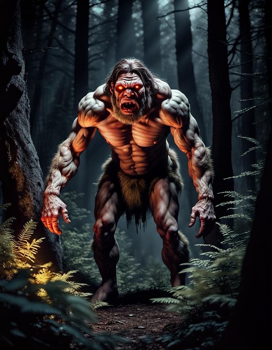Scary Neanderthal Lurking in Dark Forest