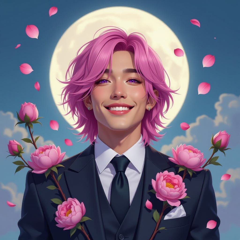 Surreal Pink-Haired Man in Peony Petal Moonlight