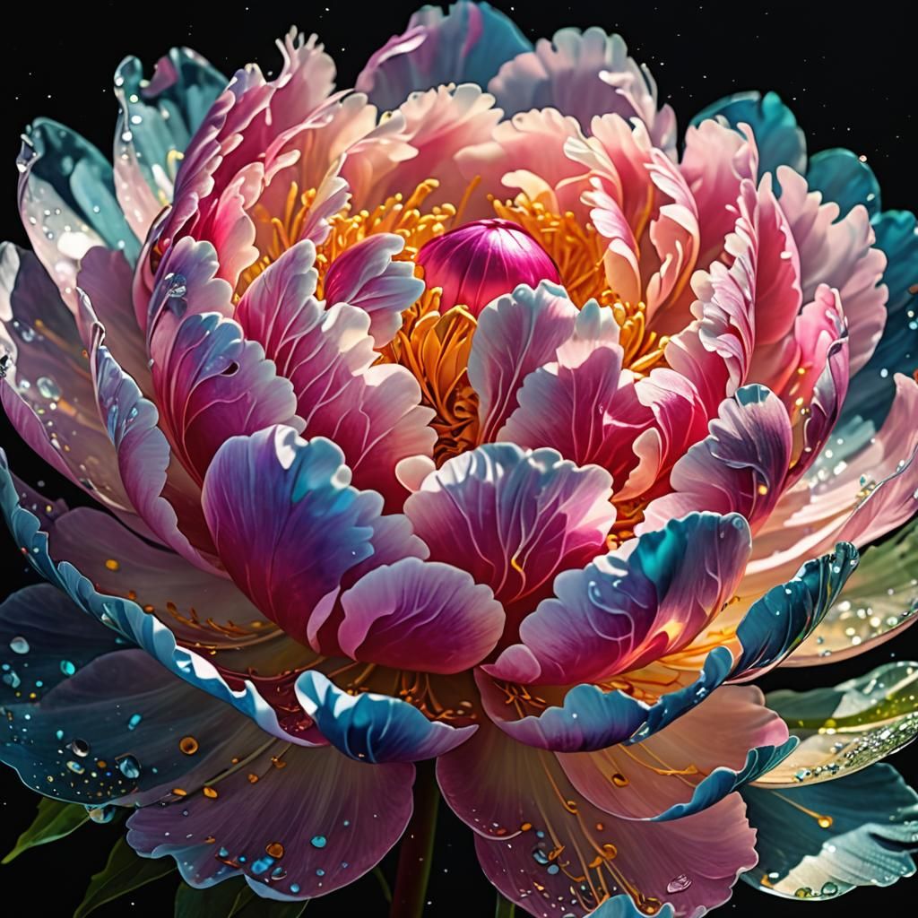 Bioluminescent Peony Blossom in Glass Art Style