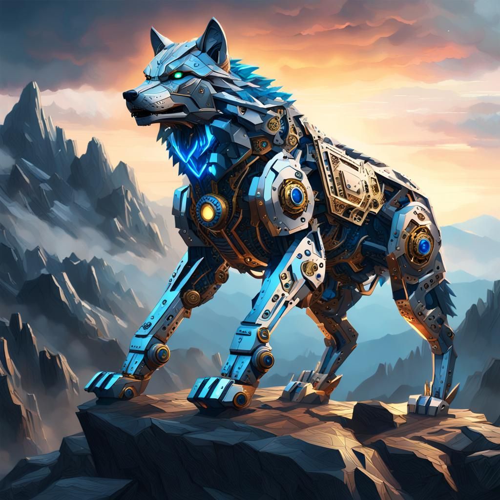 Mechanical Wolf Concept Art on Mountain Peak