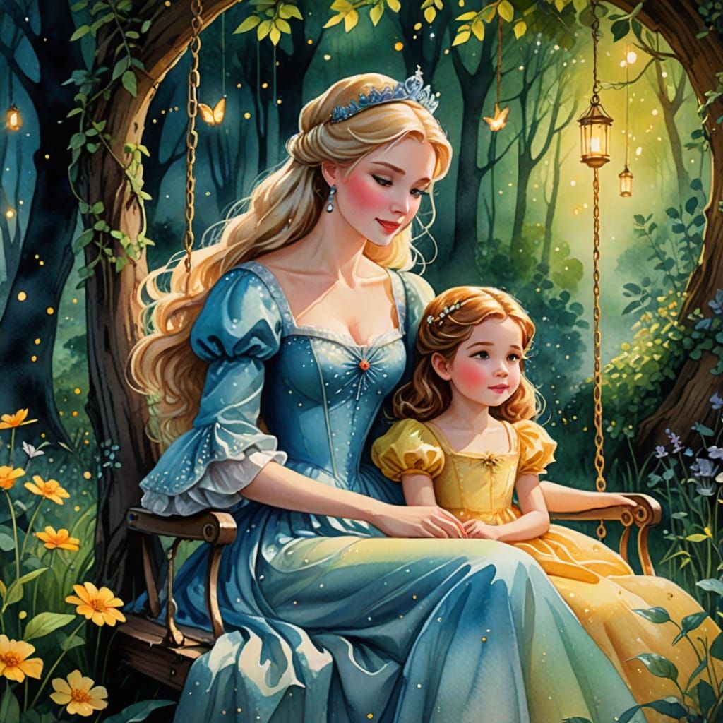 Cinderella and Daughter in Enchanted Forest, Watercolor