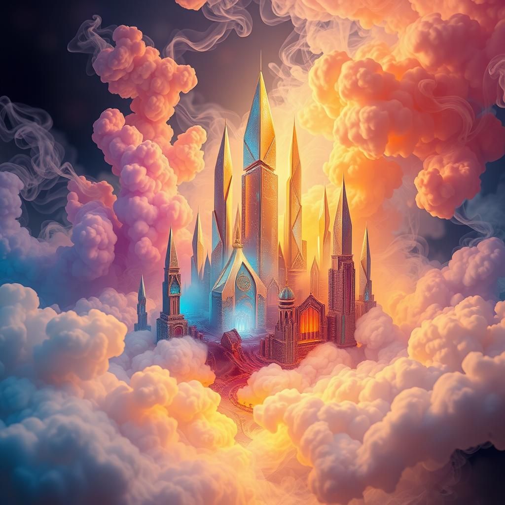 Crystal City Enveloped in Vibrant Clouds