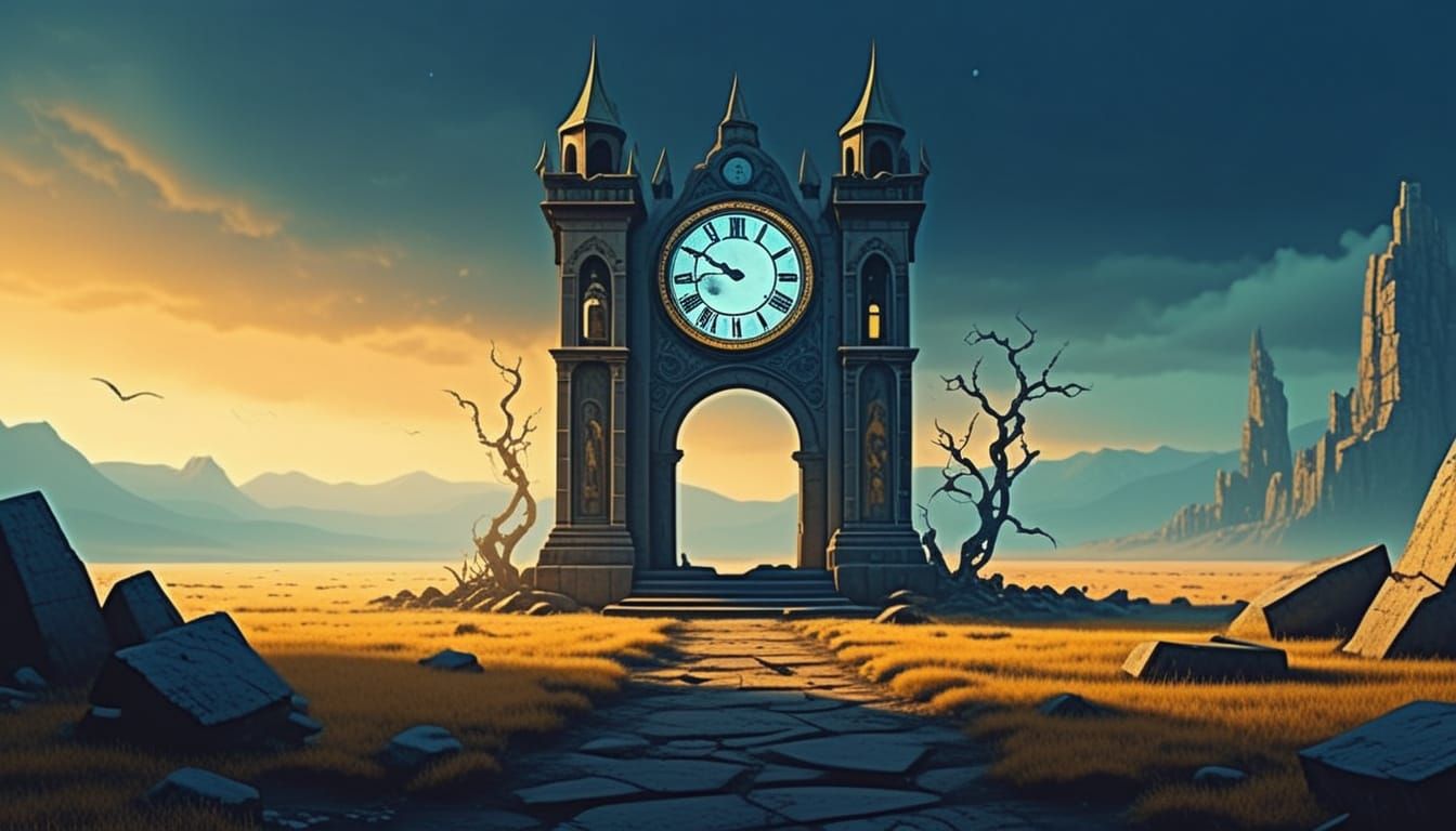 Ethereal Gothic Clock Tower in Misty Landscape