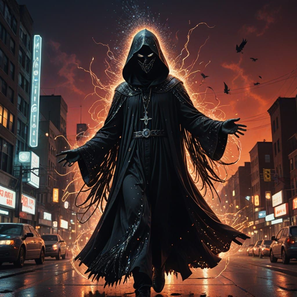 Ethereal Gothic Horror Figure Radiates Light Over Dark Citys...