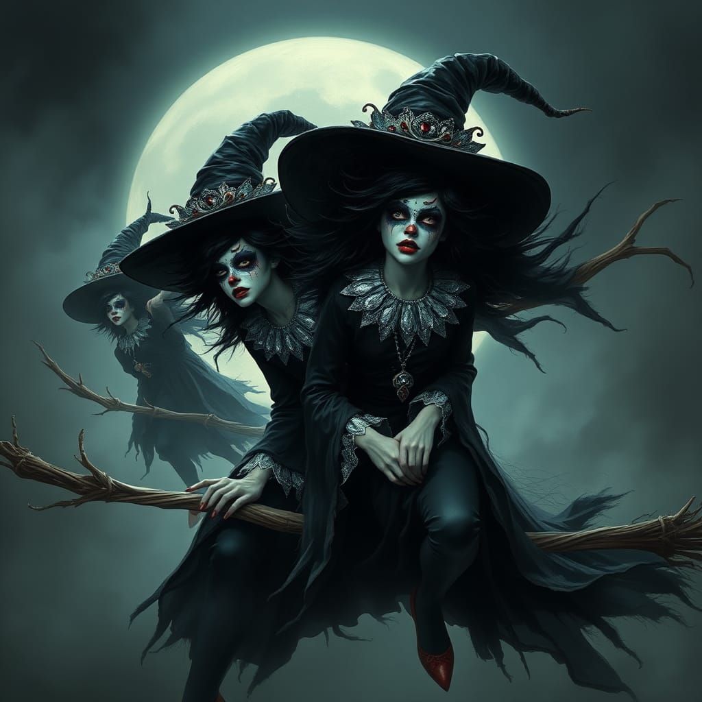Witches in Gothic Fantasy Style Fly on Broomsticks