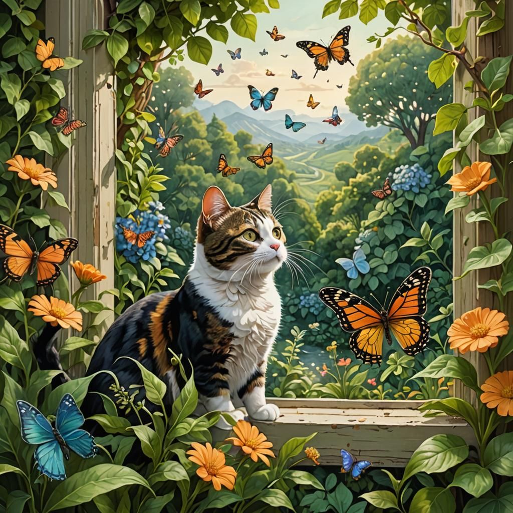 Cat Watching Butterfly in Lush Landscape