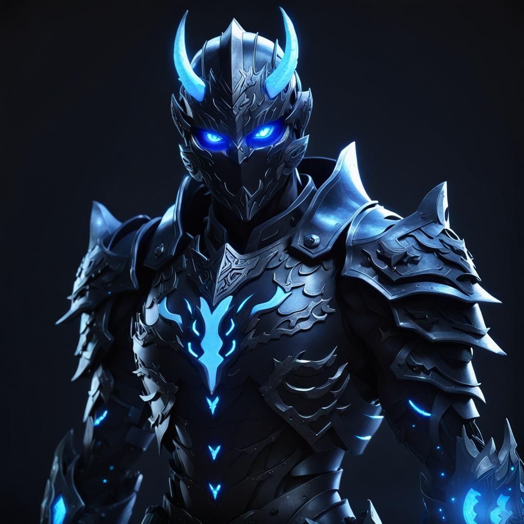 Blue-Glow Demon in Black Armor: Anime Art