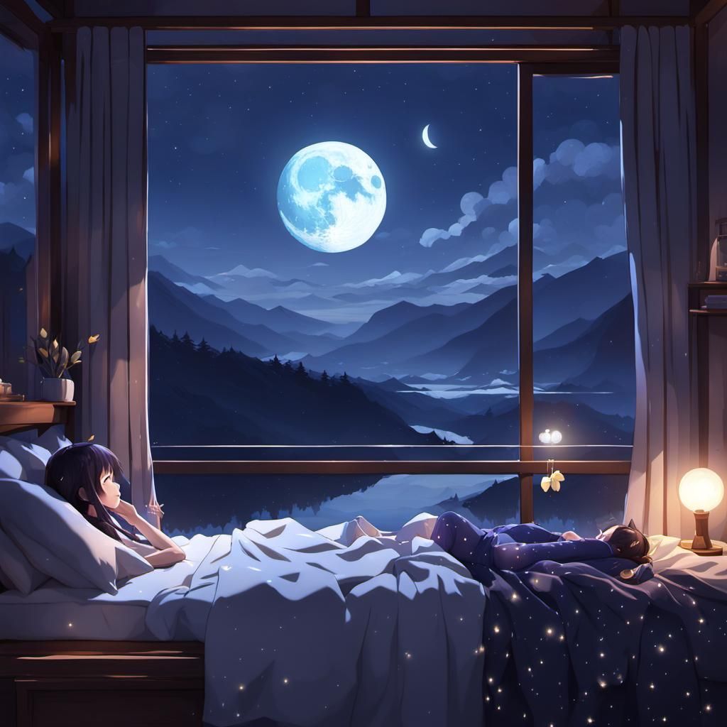 Moonlit Night: Girl Gazing in 3D Anime Style