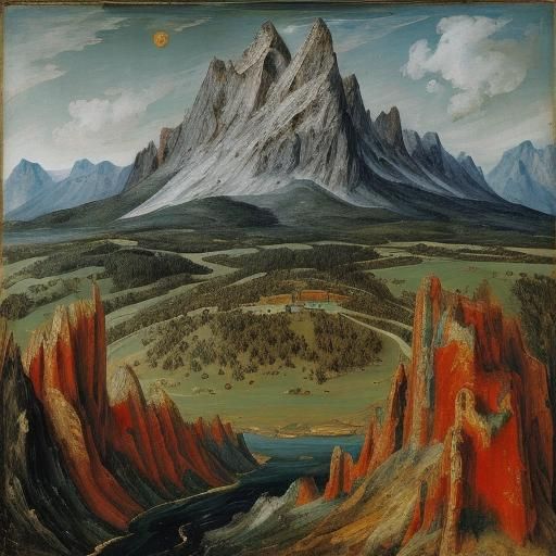 Majestic Mountain Peaks Inspired by Van Eyck and Soutine