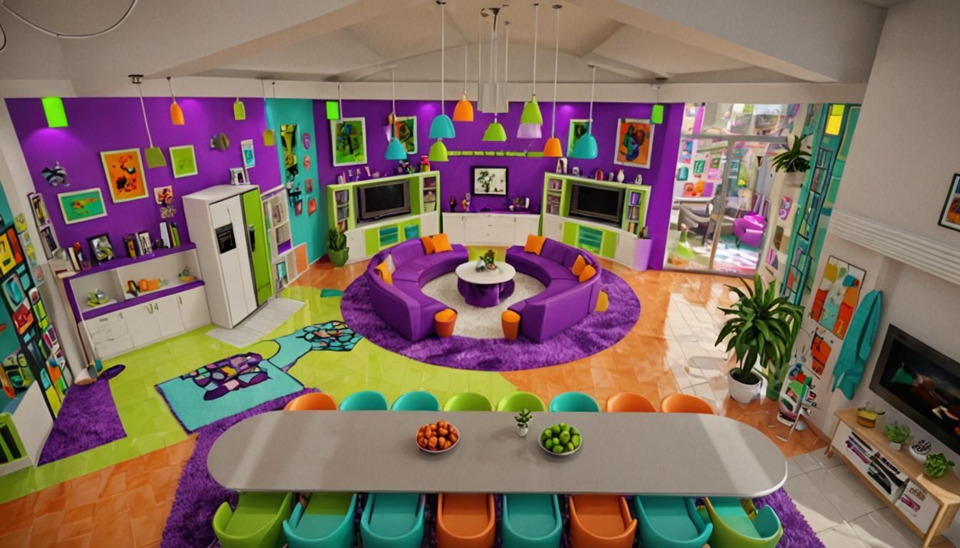 Photorealistic Living Room in 90s Nickelodeon Style