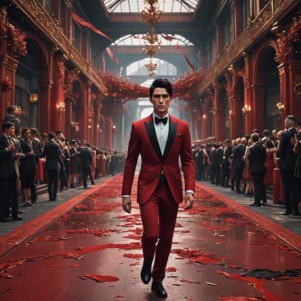 Male Model in Red Tuxedo on Runway