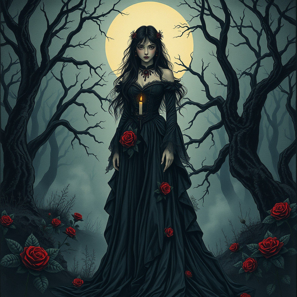 Gothic Woman in Misty Forest: Ukiyo-e Mixed Media Art