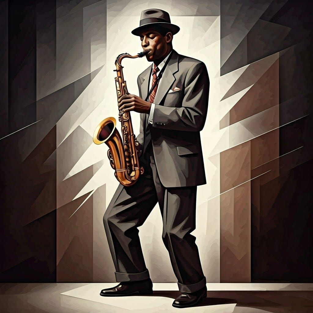 Vibrant Cubist Portrait of a 1950s Jazz Saxophonist