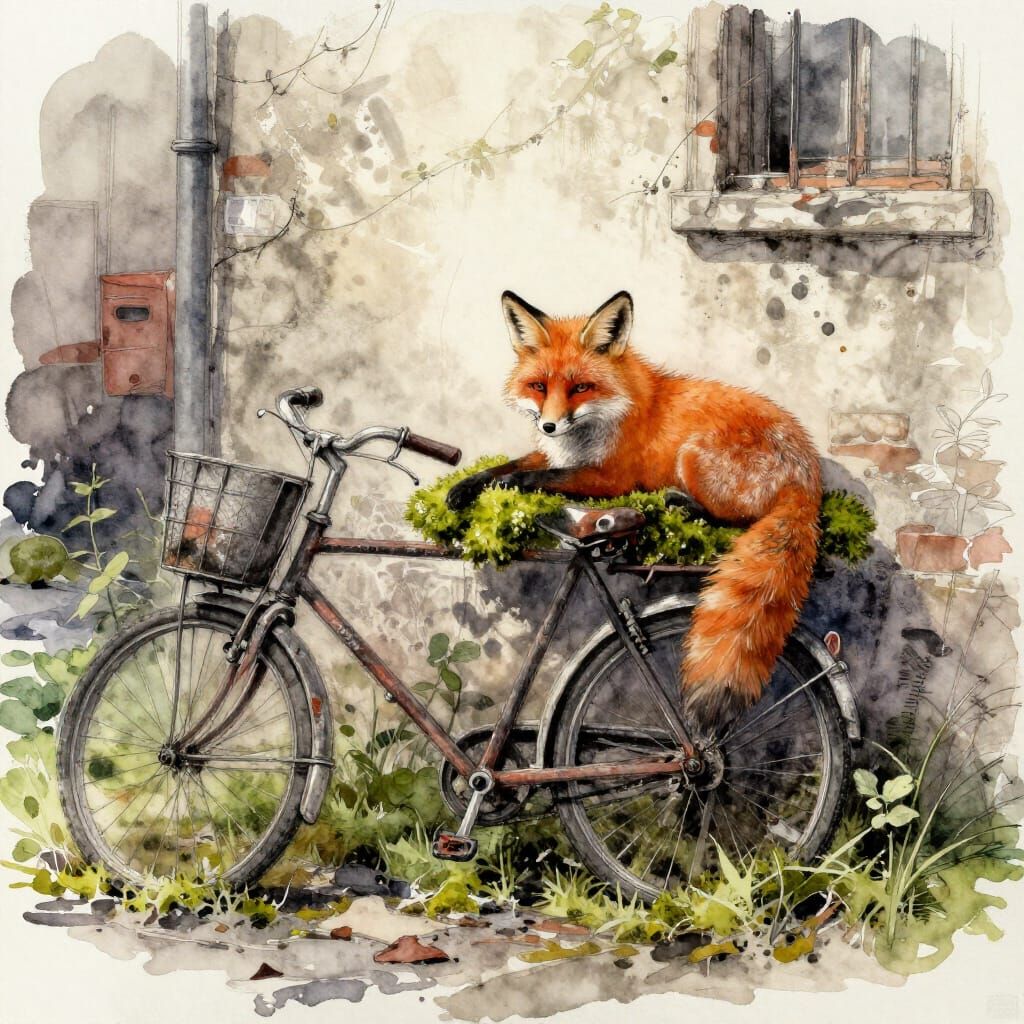 Mossy Fox Spirit on Bicycle in Urban Decay Alley