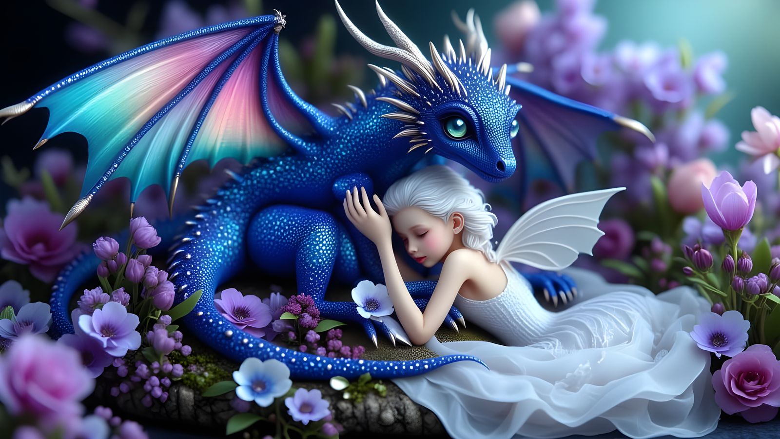 Sapphire Dragon with Sleeping Beauty in Detailed Fantasy Art