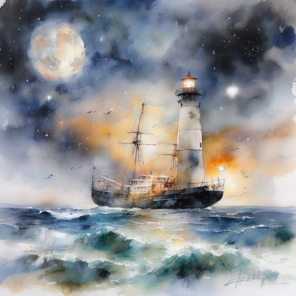 Starry Night Sky Over Ocean with Ship and Lighthouse