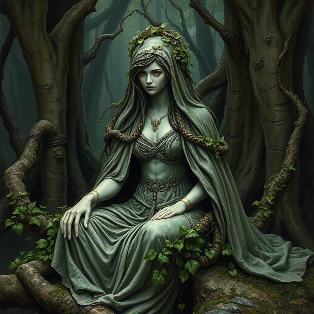 Majestic Stone Goddess Entwined in Ivy
