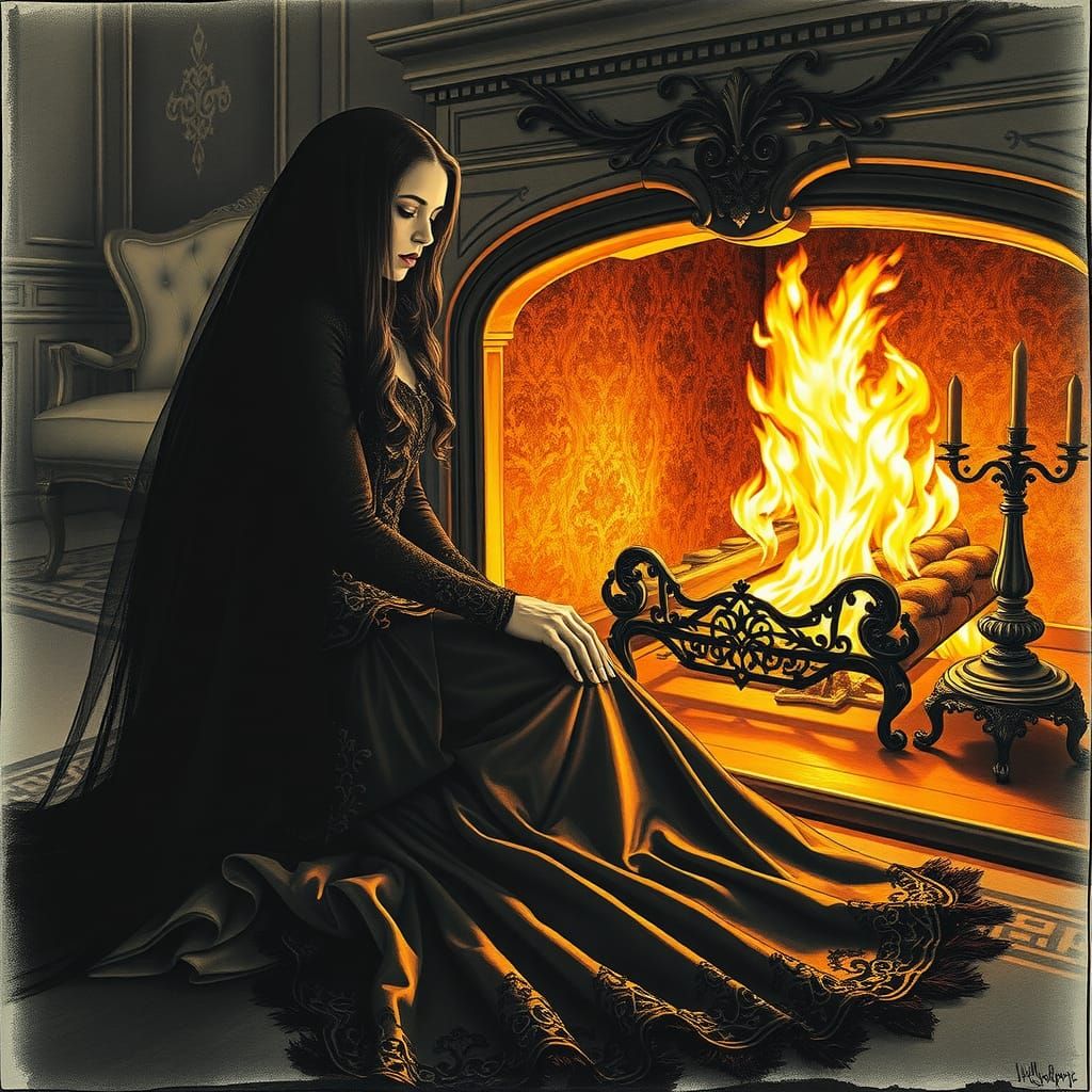 Victorian Woman by Fireplace in Charcoal Drawing Style