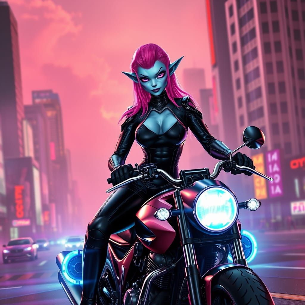 Cyberpunk Goddess Rides into a Futuristic City