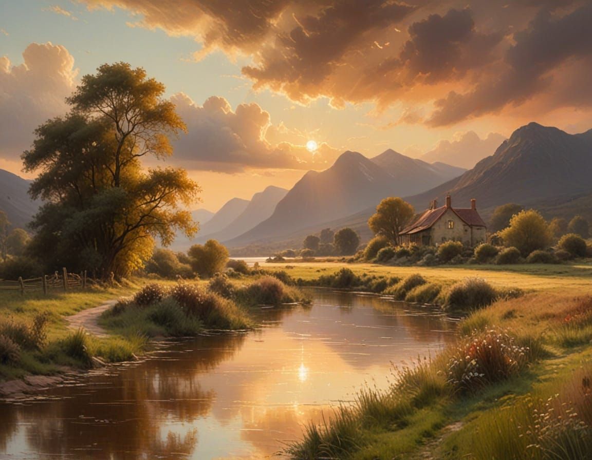 Idyllic Oil Painting of Valley Landscape with Majestic Mount...