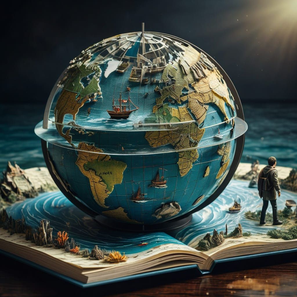 Man in a Seafaring Globe, Hyperrealistic Scene
