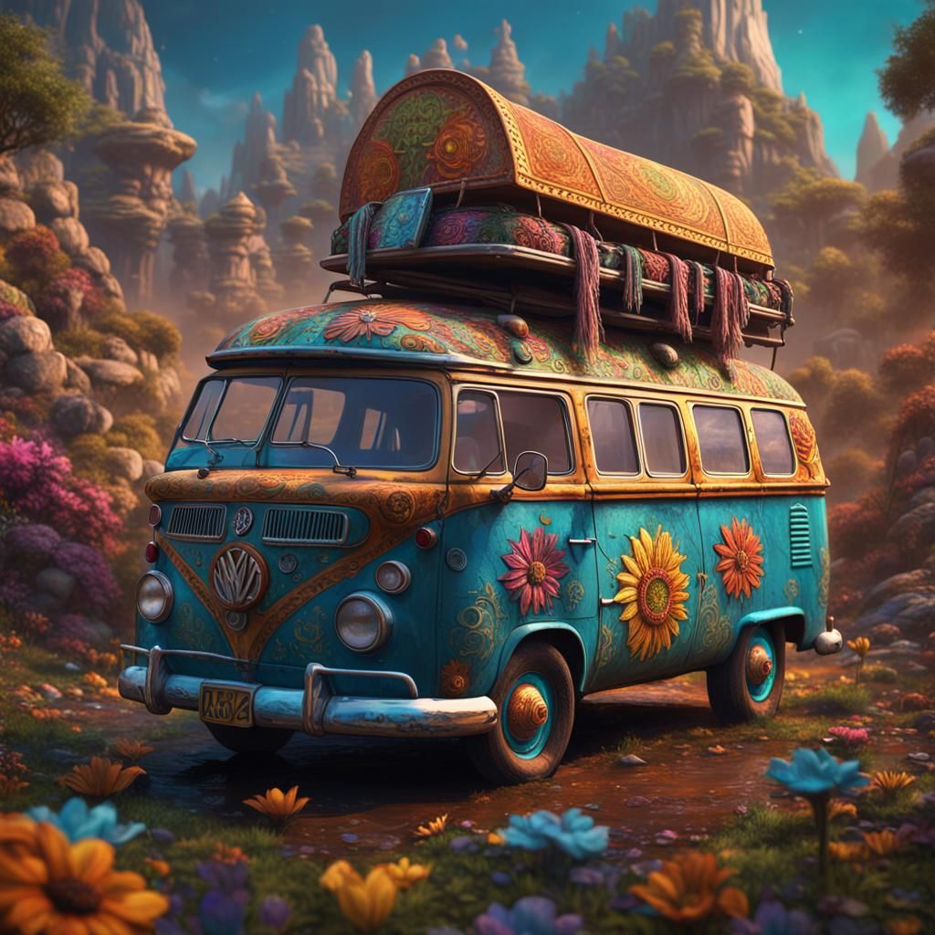 Fantastical Hippie Van in Detailed Matte Painting