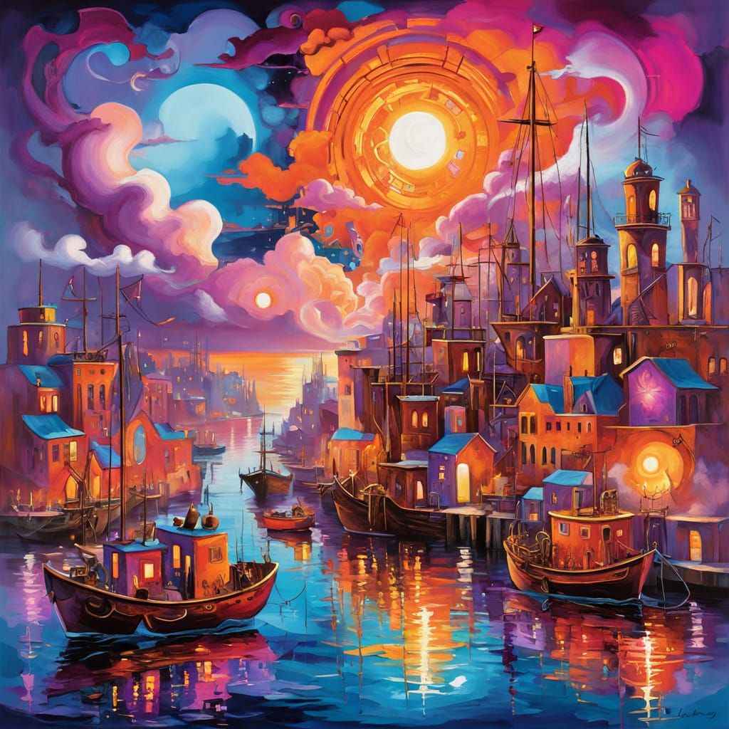 A surreal harbor scene
