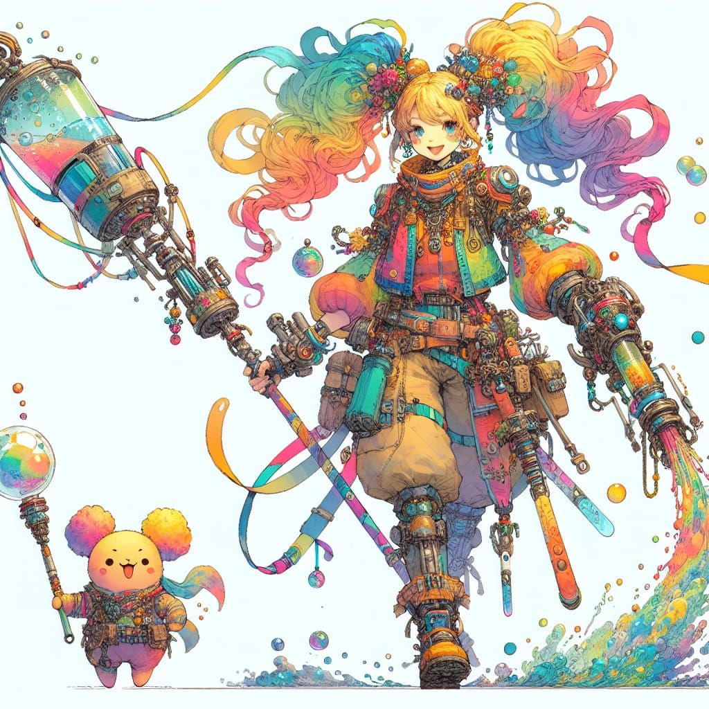 Biopunk Scavenger with Bubble Sidekick in Anime Style