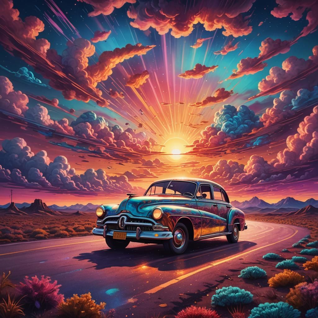 Antique Car Drives into Cosmic Sunset in Vibrant, Neon-Lit I...