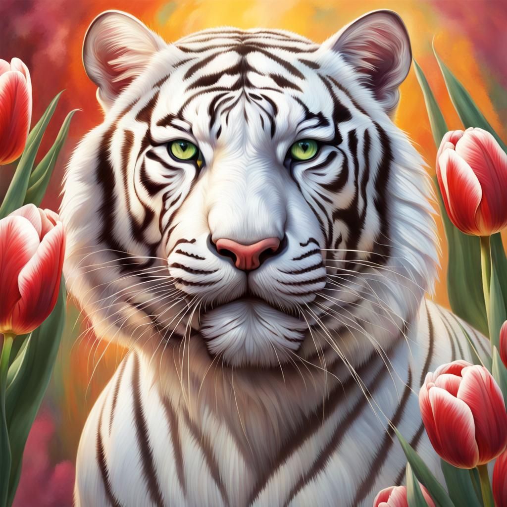 White Tiger Queen in a Tulip Garden