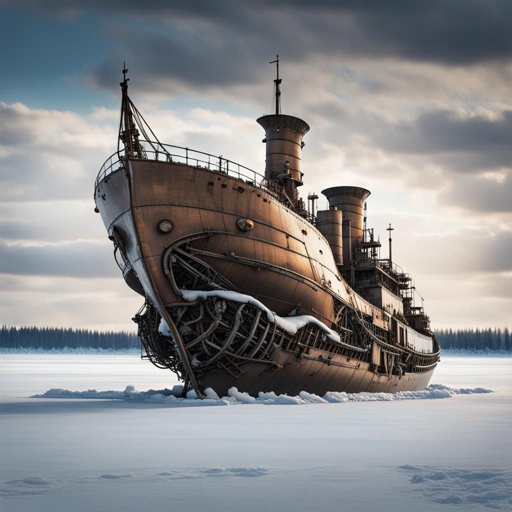 Steampunk Ship Breaks Ice on Frozen Lake