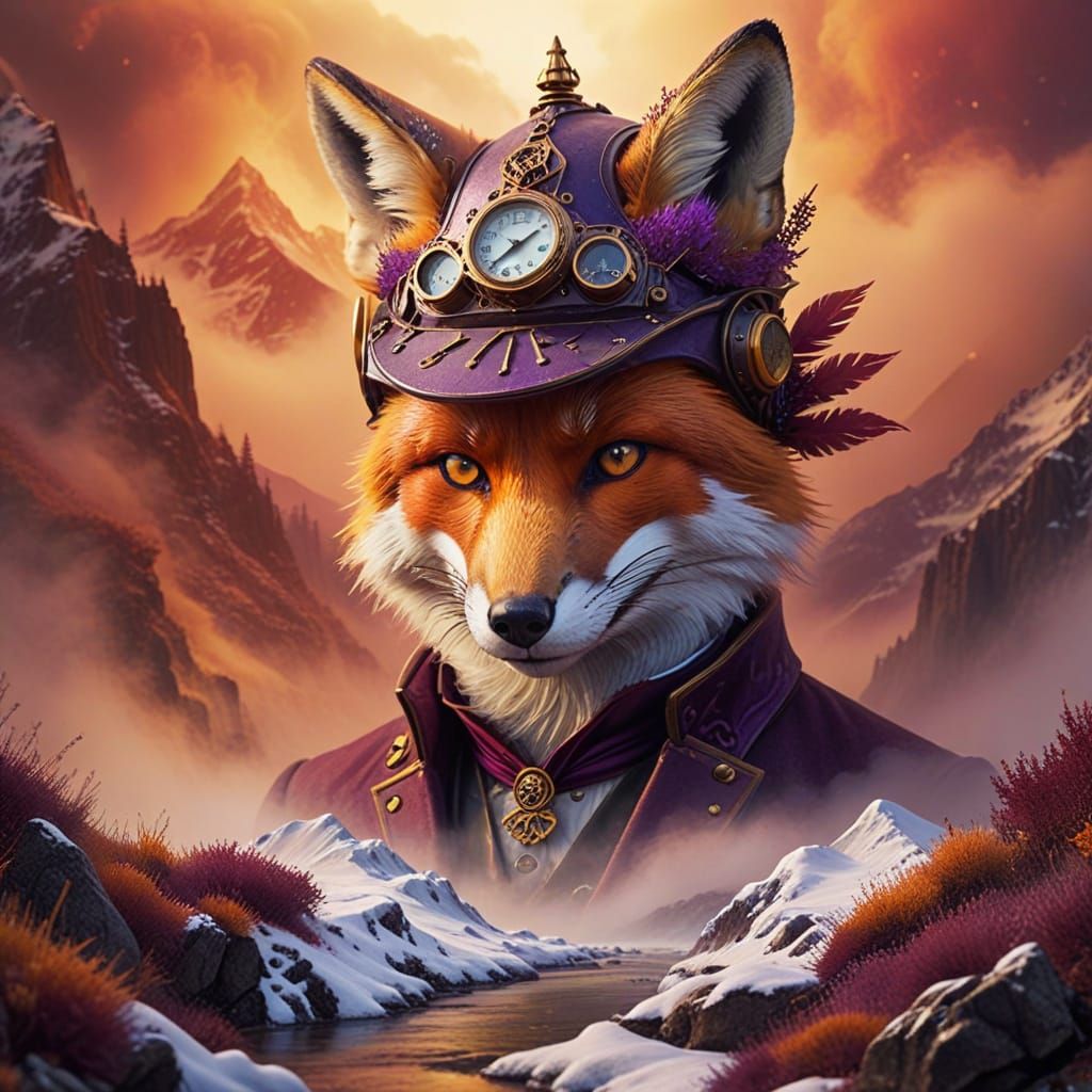 Steampunk Fox Surveys Majestic Alpine Landscape