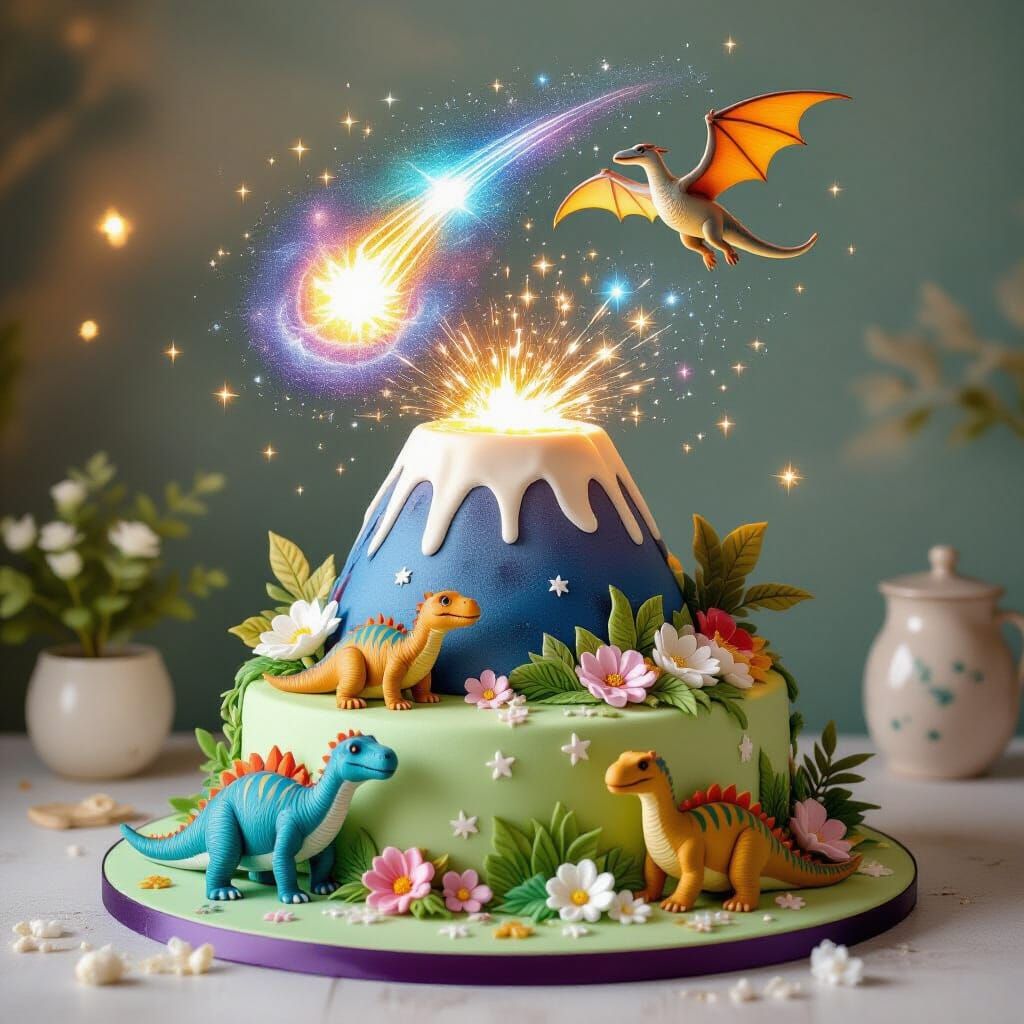 Whimsical Volcano Dinosaur Cake Design