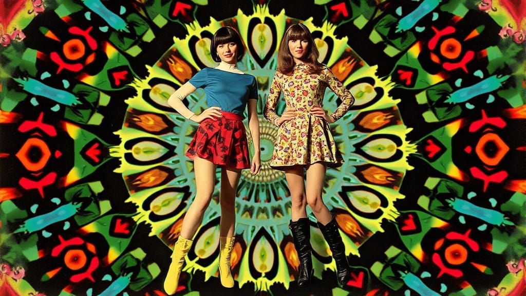 1960s Fashion Model in Psychedelic Mini Skirt and Go-Go Boot...