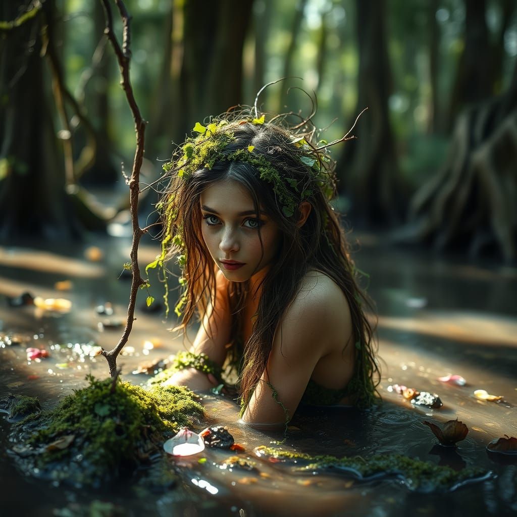 Swamp Fairy Enveloped in Emerald Moss, Professional Photogra...