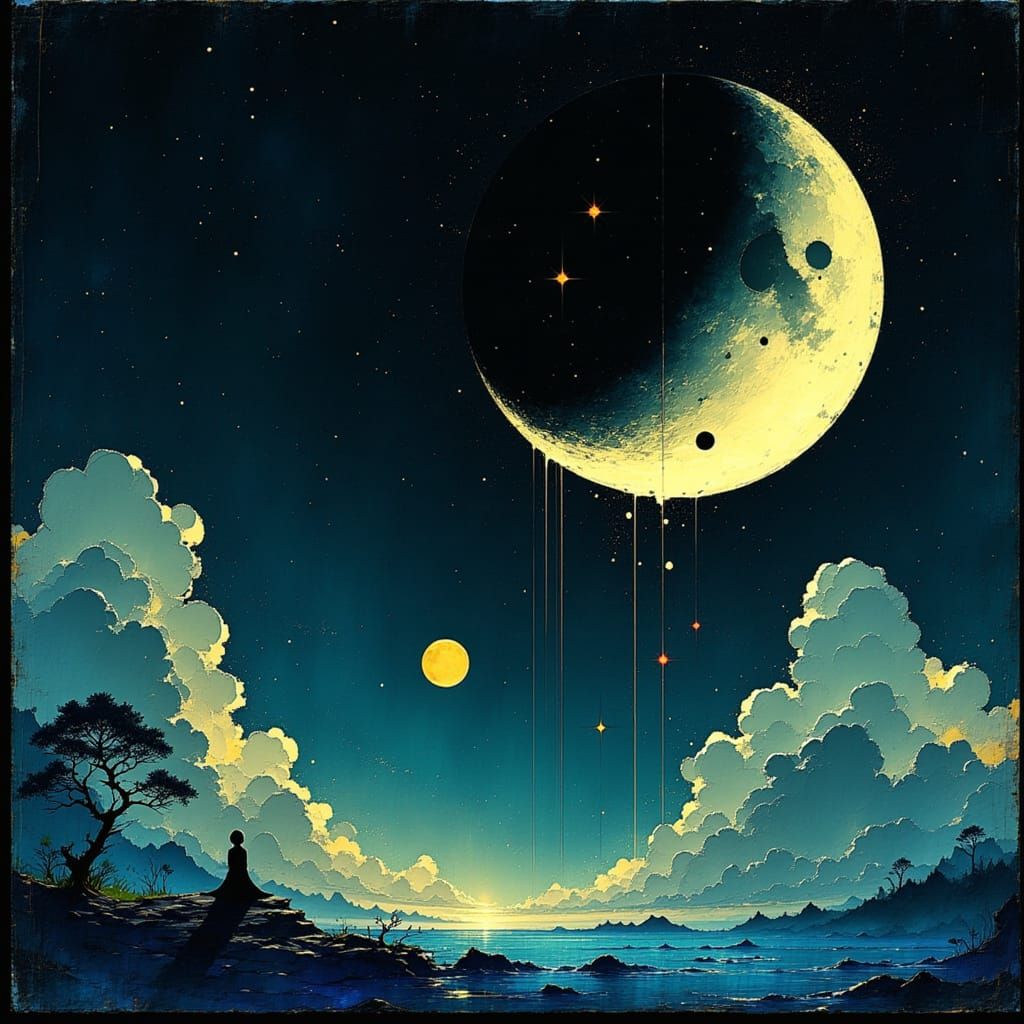 Surreal Lunar Landscape with Chibi Starfall in Hyperrealisti...