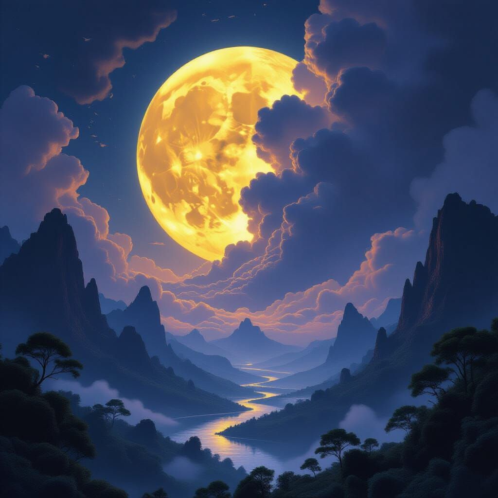 Moonlit Fantasy Valley with Skeletal Clouds