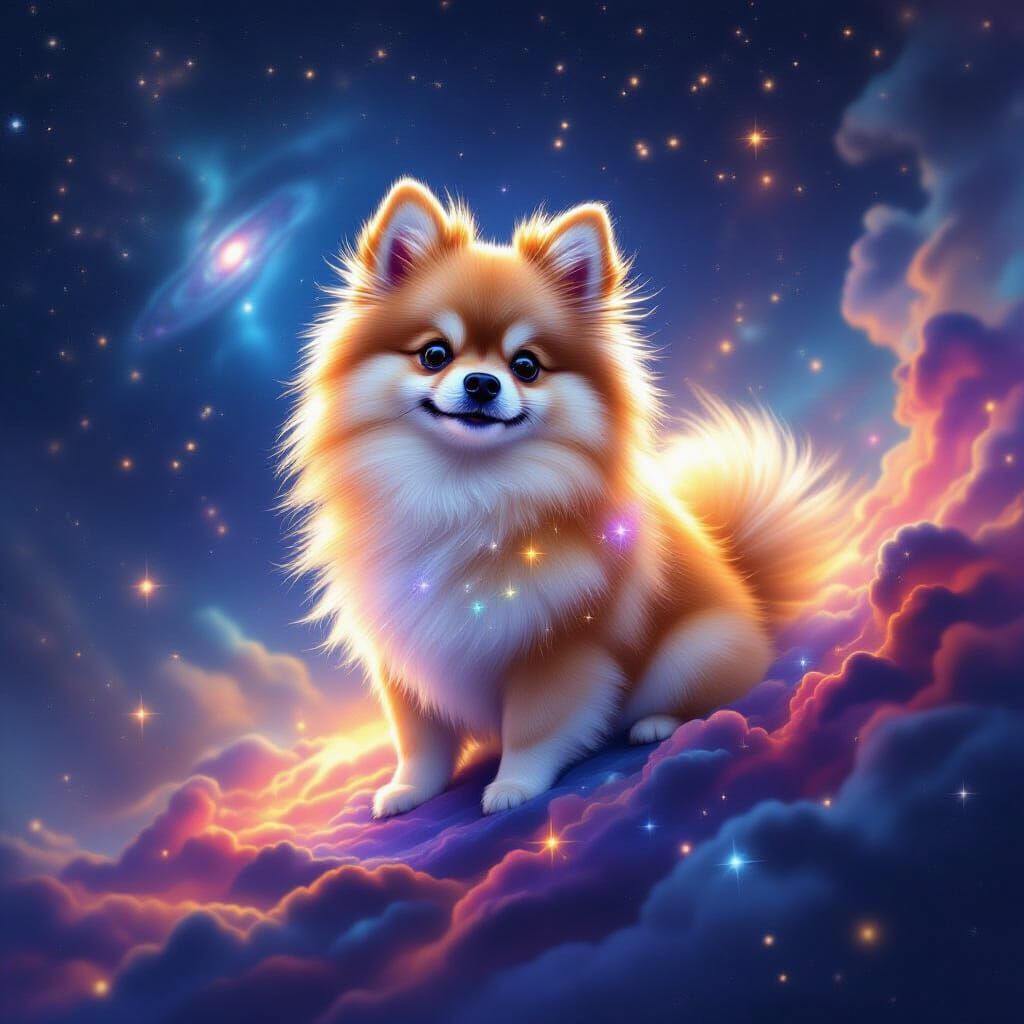 Pomeranian Dog in Cosmic Nebula Digital Matte Painting