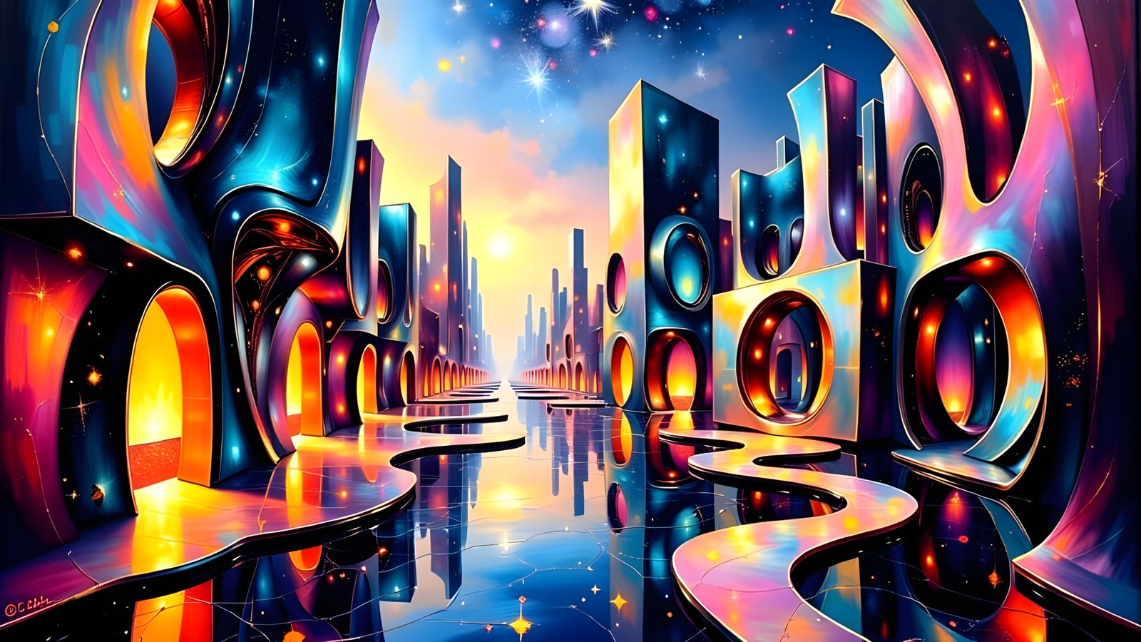 Vibrant Iron Architecture Unfolds Under Starry Night Sky