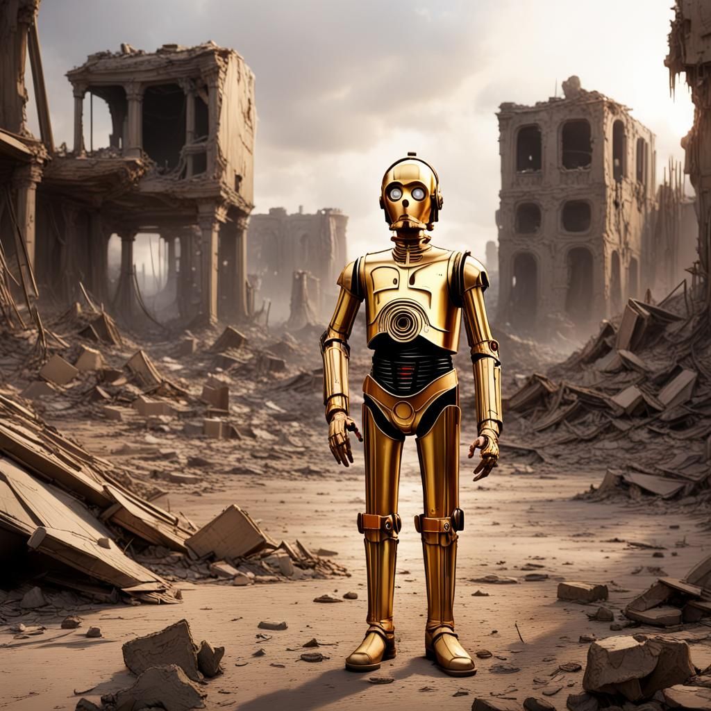 C-3PO Paints War Aftermath: Photorealistic 3D Digital Art
