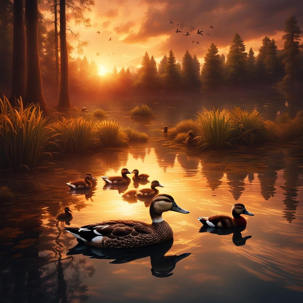 Duck and Ducklings on Pond at Sunset